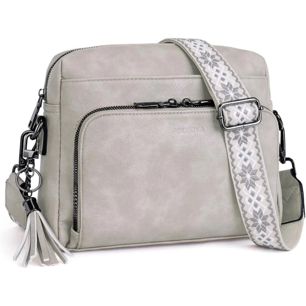 POIUGOYA Vegan Leather Crossbody Purse With Built-In RIFD Wallet ~ Grey ~ NEW